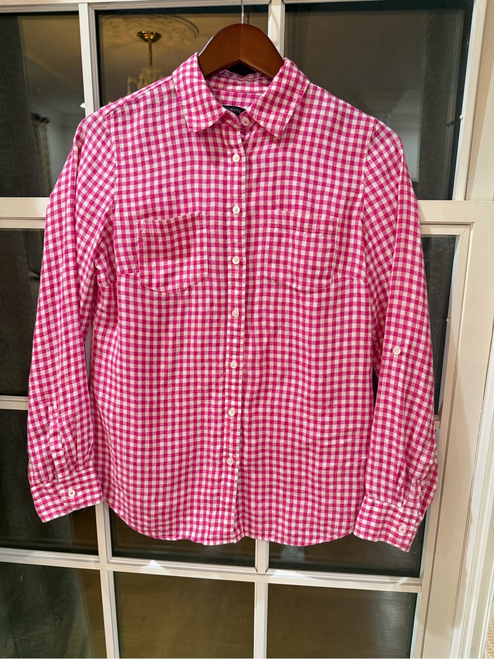 100% Linen Pink Gingham Shirt Talbots Small Button Down Top Plaid Preppy